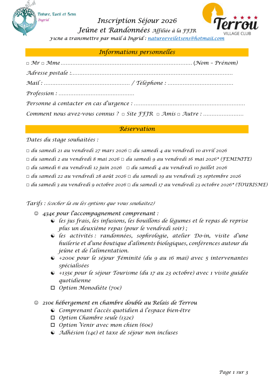 La fiche d'inscription de la semaine de jeûne